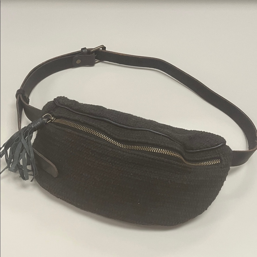 Ecote Black Leather & woven Cotton Belt Bag